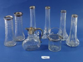 Three pairs of silver rimmed glass spill vases, a vinegar bottle and a preserve pot with