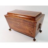 A 19th century rosewood inlaid tea caddy with fitted interior but no bowl, all on claw and ball