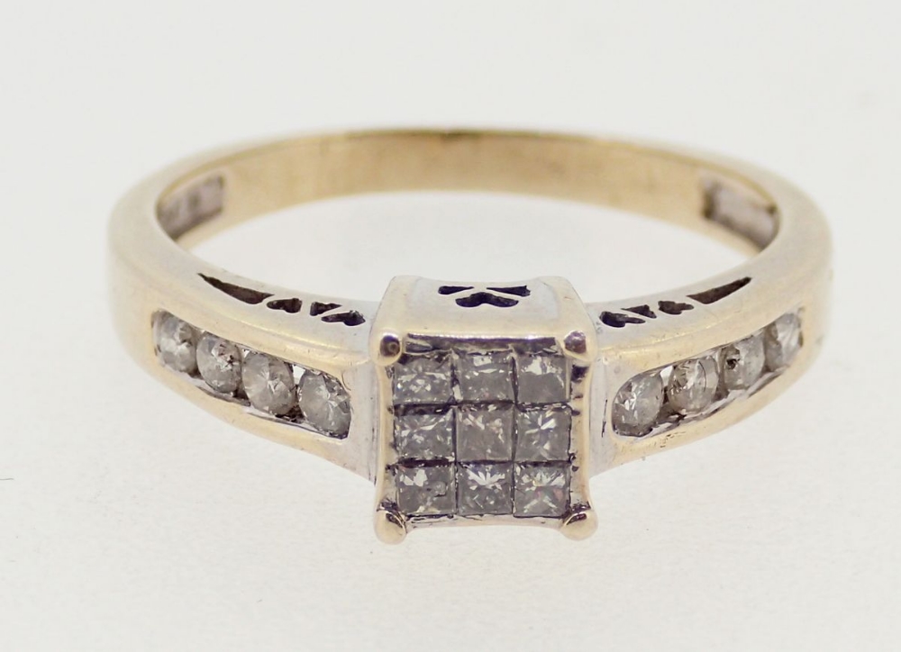 An 18 carat white gold ring set square panel of nine chip diamonds on diamond set shoulders, size L, - Image 2 of 4