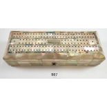 A mother of pearl clad cribbage board and playing card box - a/f, 24.5cm wide