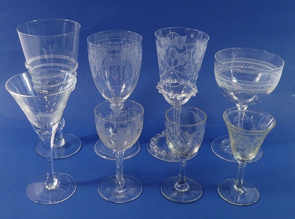 A collection of eight antique and decorative drinking glasses including Venetian style example,