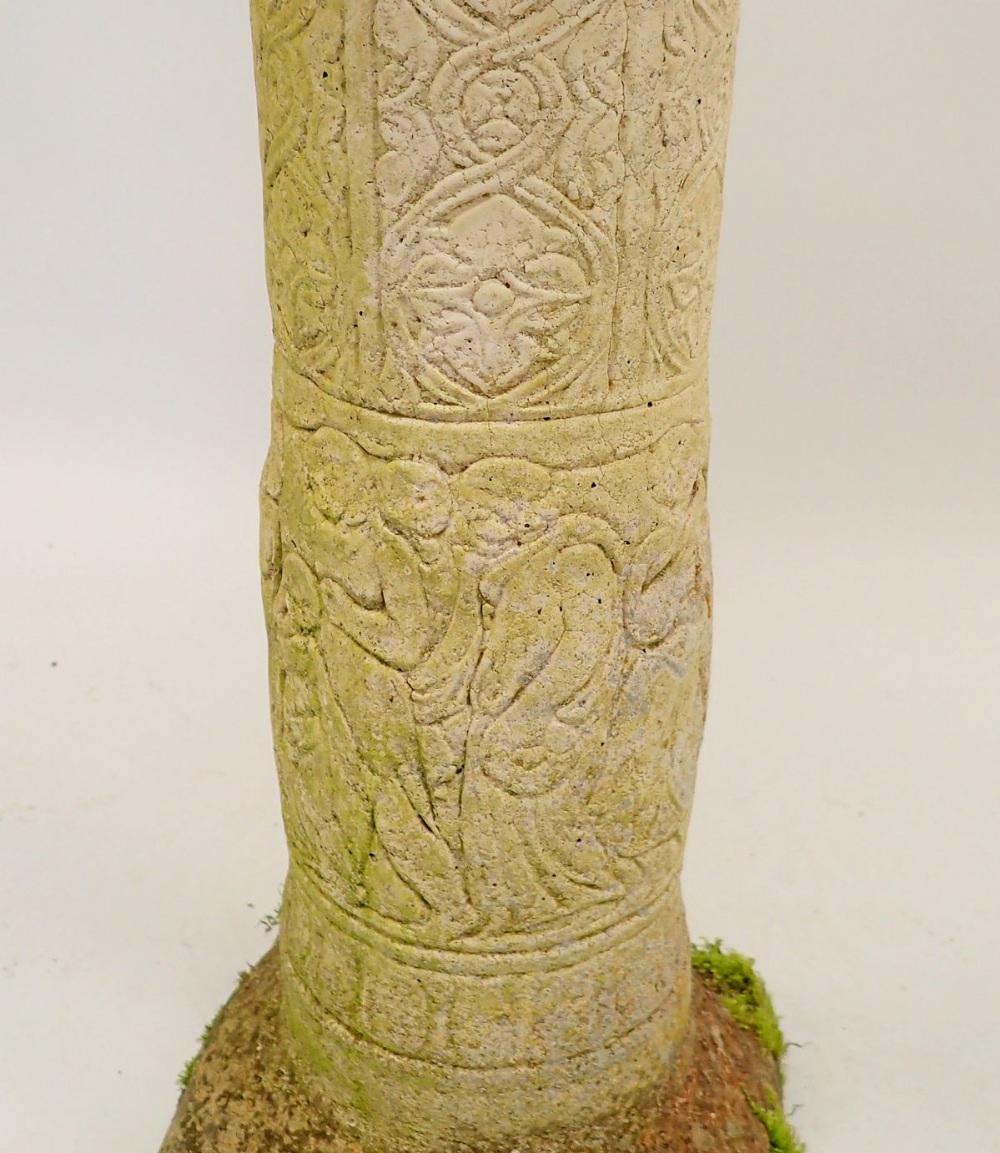A reconstituted stoneware bird bath decorated classical maidens 77cm tall, the column older than the - Image 3 of 3