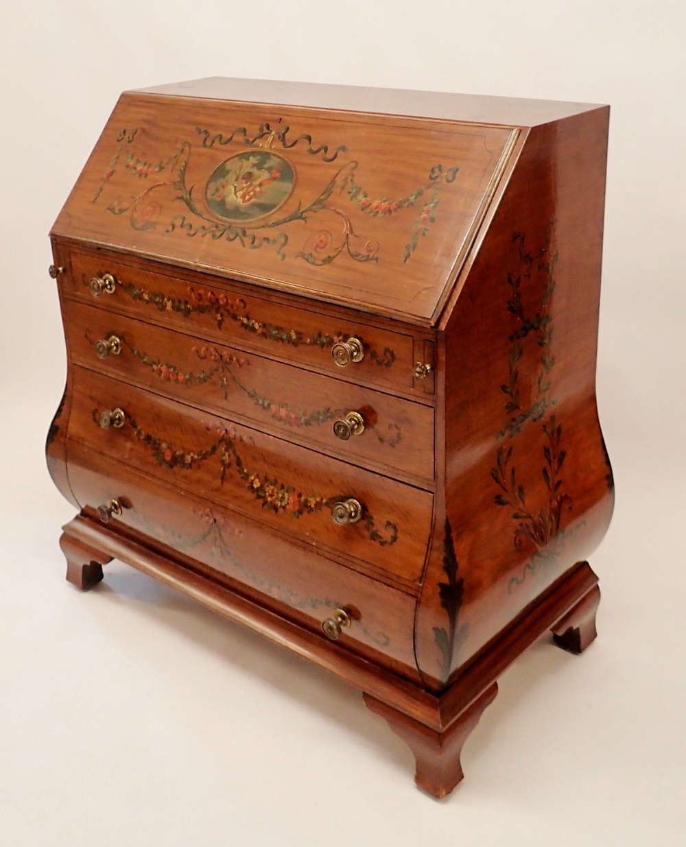 A fine Edwardian Sheraton revival bureau of bombe form with all over floral painted decoration and - Image 2 of 8