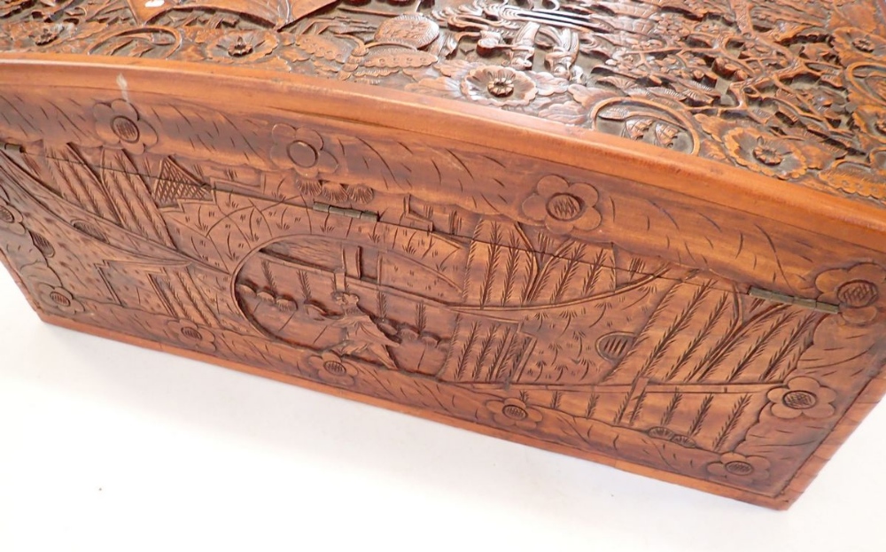 A Chinese camphorwood chest with dome top, carved oriental scenes, 90cm wide - Image 4 of 4