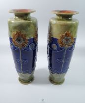 A pair of tall Doulton Stoneware vases with stylised floral decoration, signed indistinctly, 37cm