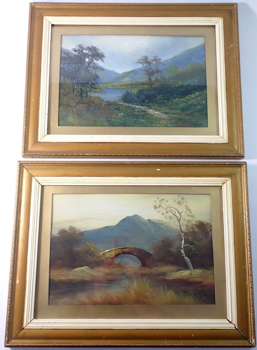 A pair of Victorian reversed painted on glass landscapes, 20 x 30cm