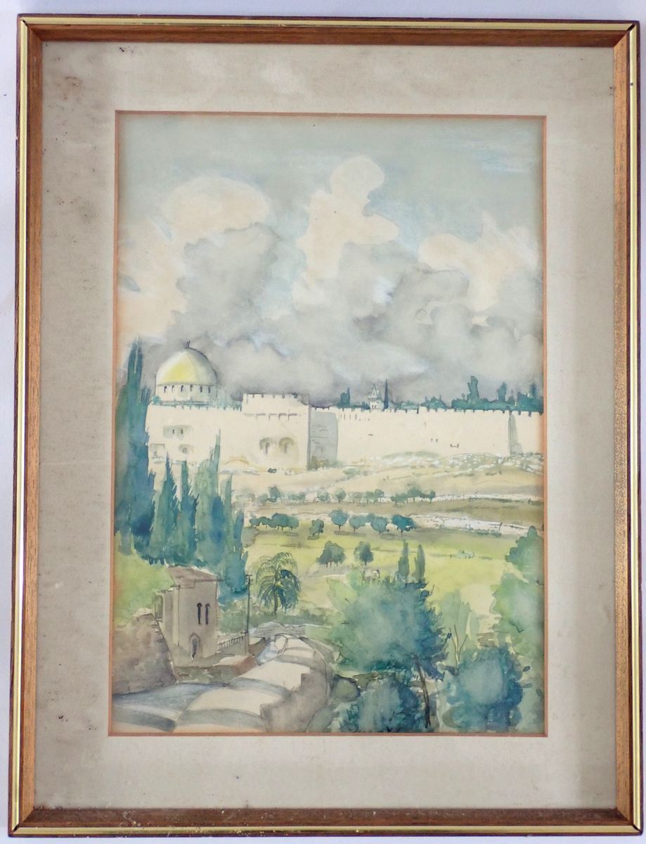 A watercolour of Middle Eastern walled city, possibly Jerusalem 39 x 27.5cm