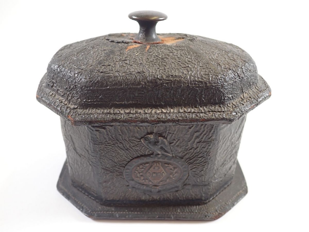 A leather tobacco box by Hewitts Universal, 13cm wide