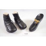 A pair of Victorian children's leather boots, 15cm and a carved ebony shoe