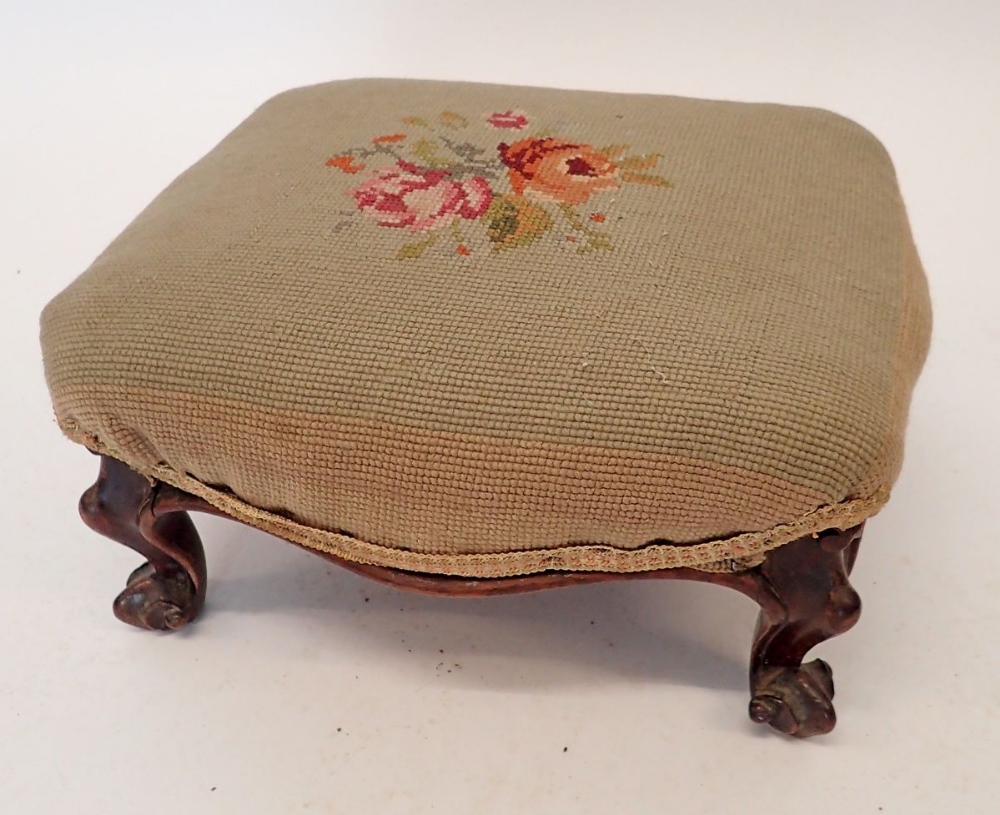 A Victorian small footstool on cabriole and scroll feet, 35 x 31cm
