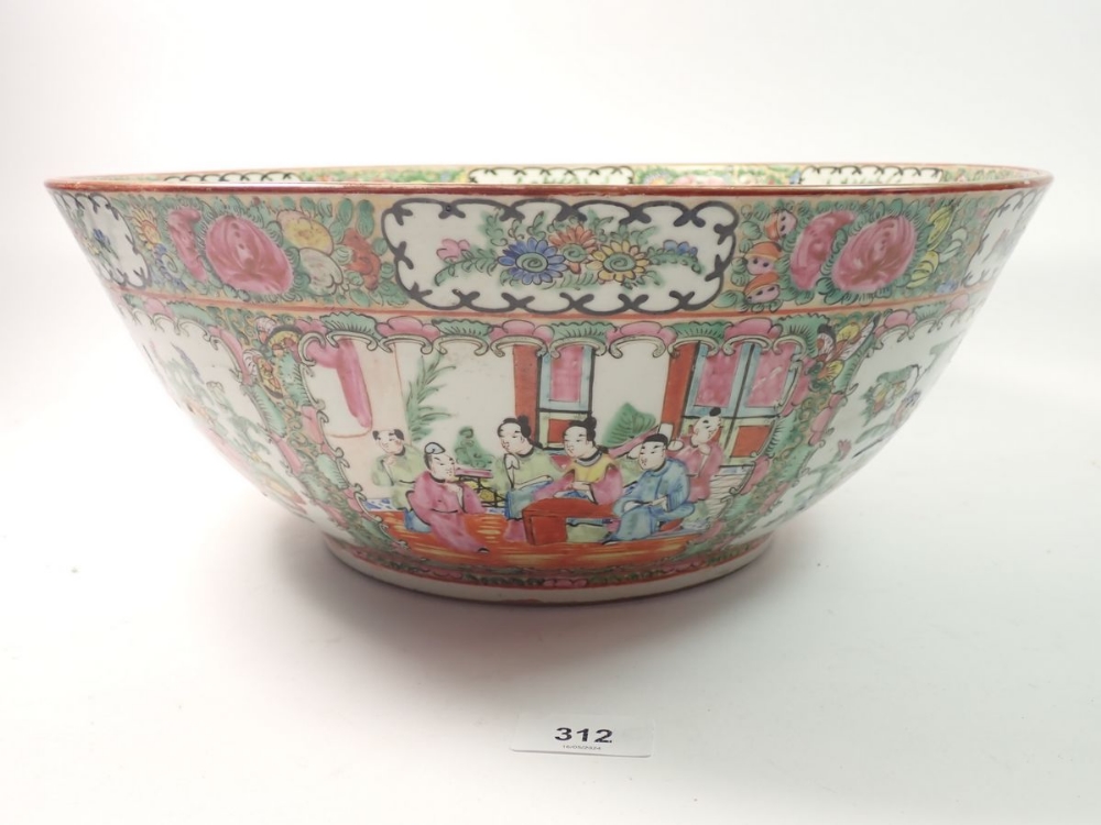 A Chinese 19th century large Canton fruit bowl painted panels of flowers and interior scenes, 37.5cm - Image 5 of 7
