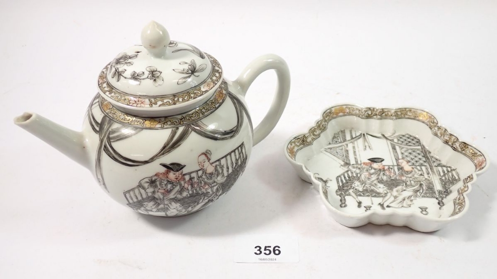 An 18th century Chinese porcelain export Jesuit teapot and stand, painted seated figures on a