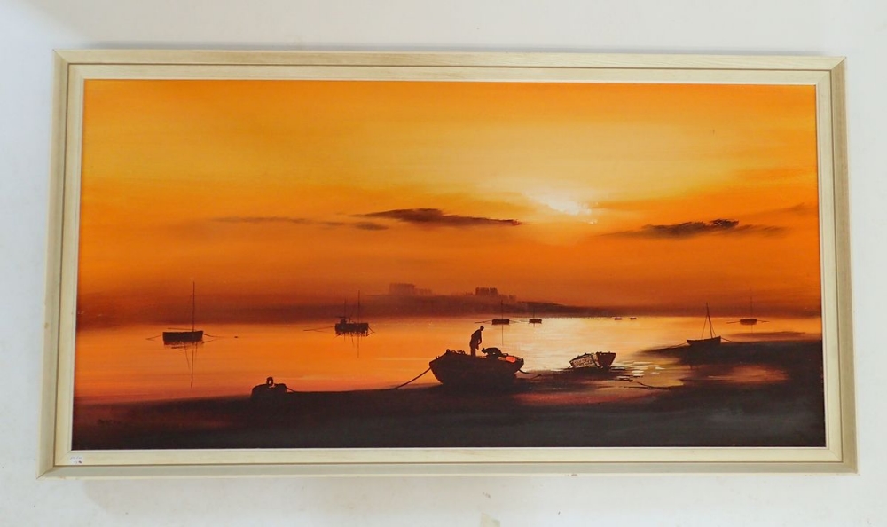 Jason (Les) Spence - oil on canvas sunset coastal scene with fishing boats, with original receipt