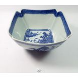 A Chinese large blue and white square fruit bowl painted pergola landscape, 25cm wide