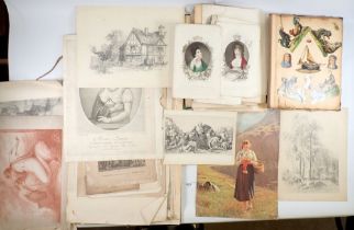 A group of unframed antique engravings, decoupage album, portrait engravings and some watercolours