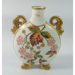 A Victorian moon flask vase painted spring and autumn blackberries to each side, with gilt dolphin