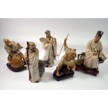 Five vintage Chinese Shiwan mudman pottery figures including fisherman, scholar etc. tallest 22cm