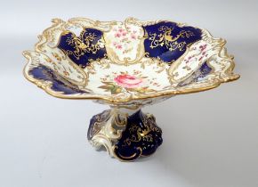 A large Victorian floral painted comport with blue and gilt reserves - a/f to base, 30cm wide