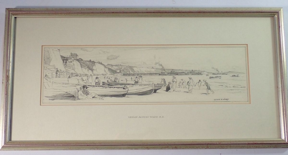 Leslie Moffat Ward - pencil drawing, Bournemouth, with gallery label to verso, 9.5 x 35cm