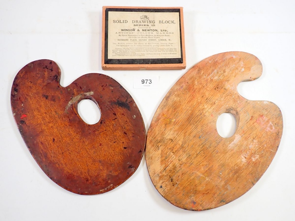 A pair of small wooden artists palettes and a Solid Drawing Block by Windsor and Newton