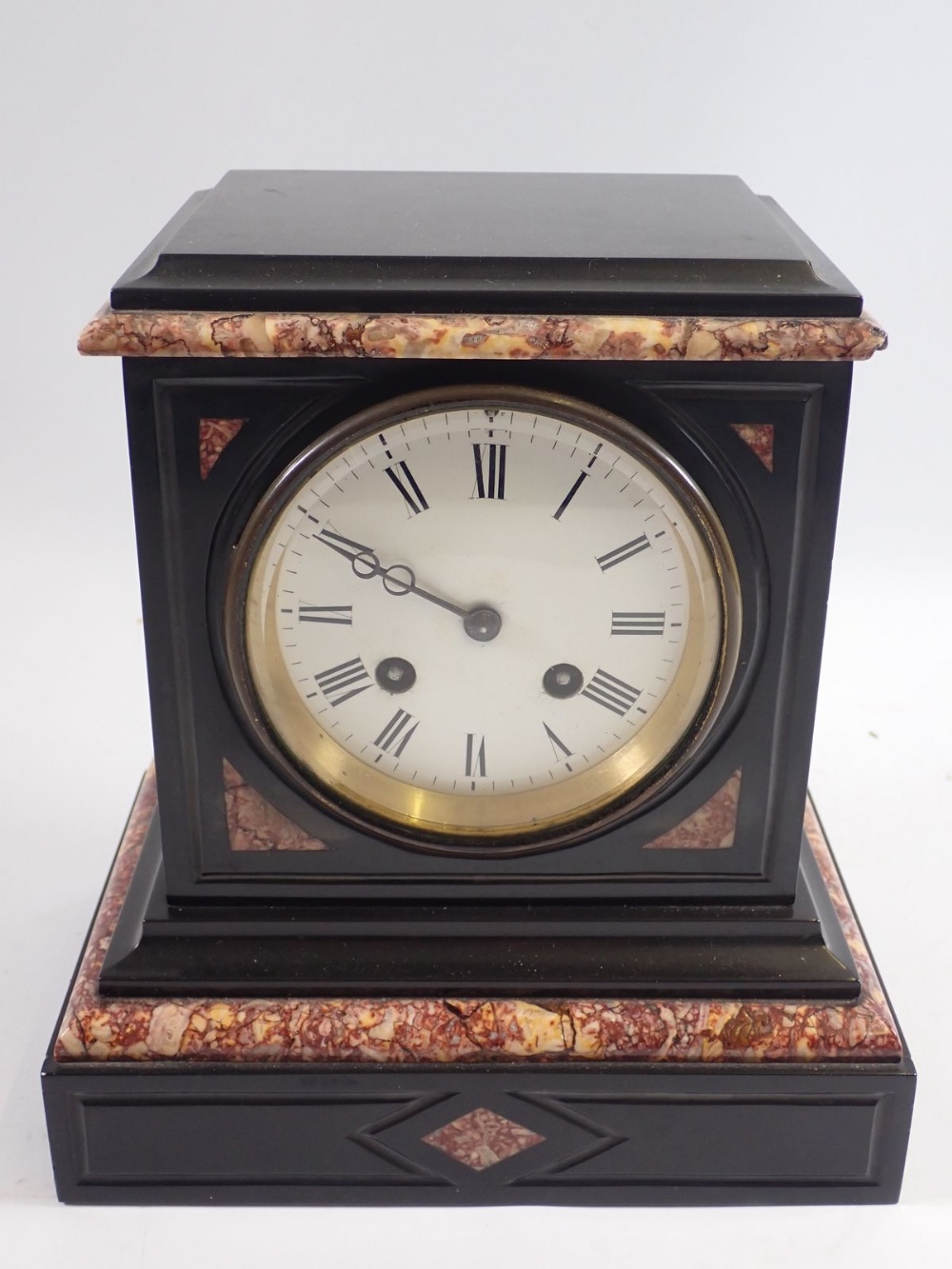 A Victorian black slate and red marble mantel clock, 22cm - Image 2 of 2