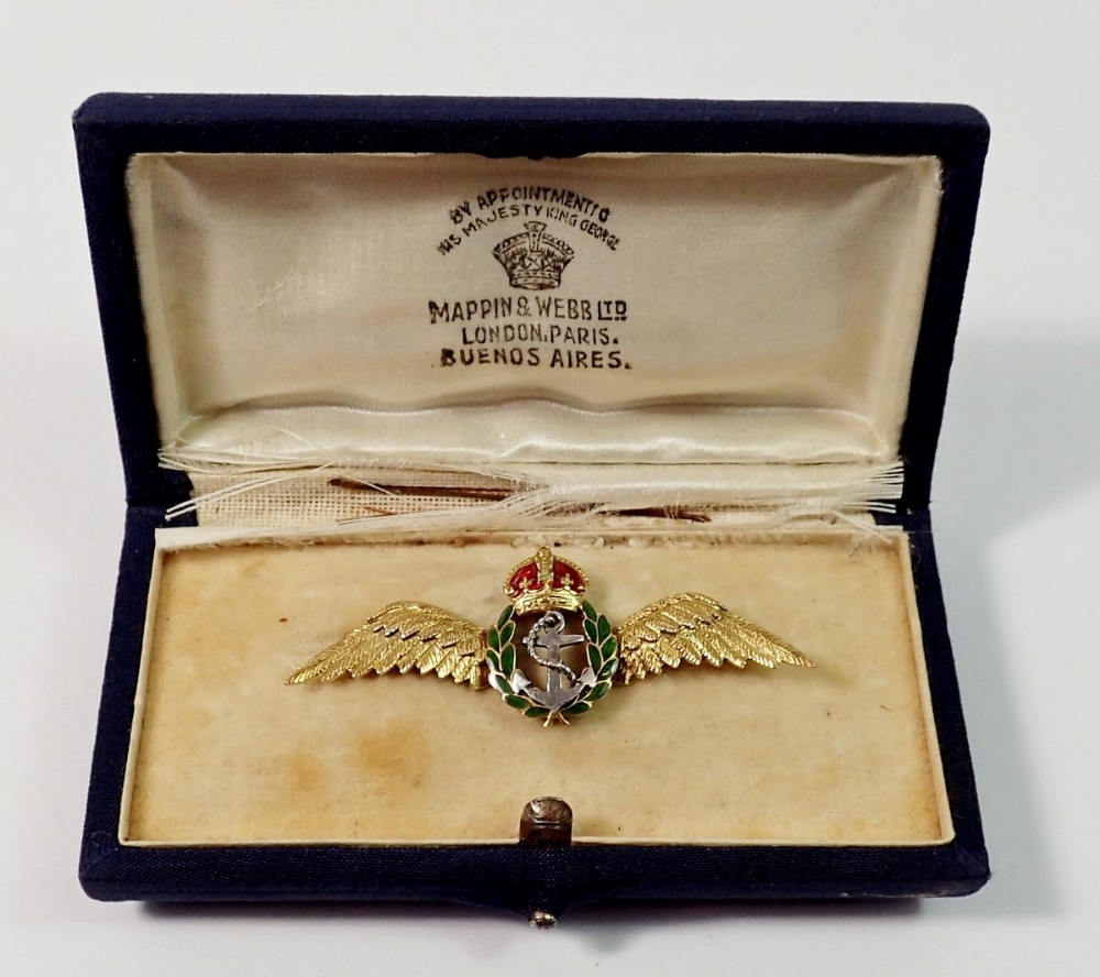 A Mappin and Webb 9 carat gold and enamel Royal Naval Air Service sweetheart brooch in fitted