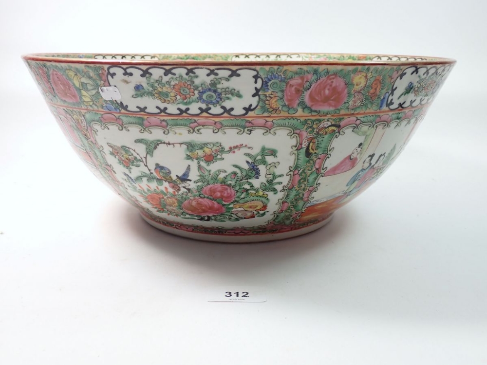 A Chinese 19th century large Canton fruit bowl painted panels of flowers and interior scenes, 37.5cm - Image 4 of 7