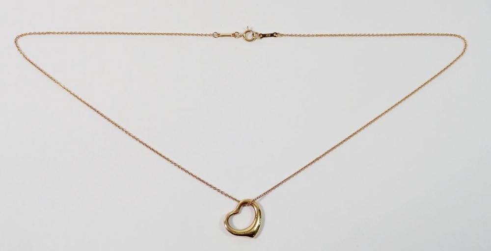 A Tiffany 18ct gold open heart pendant on chain 40cm long, heart 1.5cm wide, 3.6g total