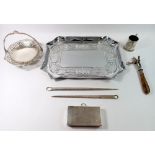 An Art Nouveau chrome embossed tray, two silver plated meat skewers, ham shank holder etc.