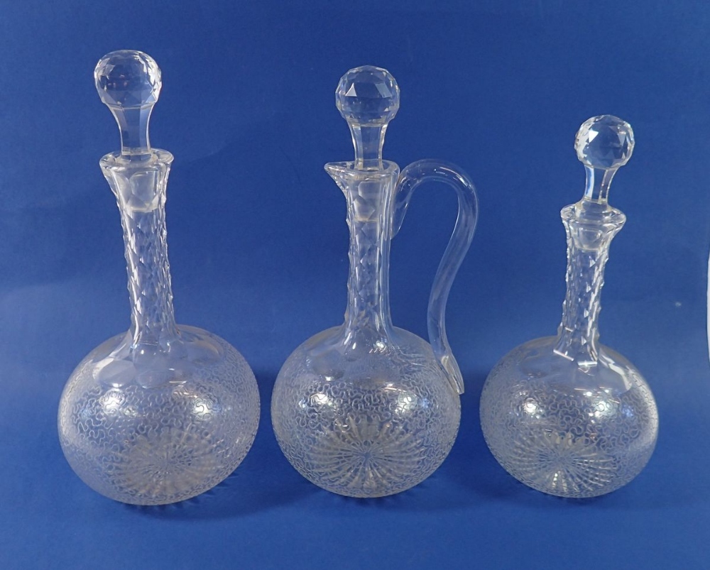 Three Victorian facet cut glass decanters, four cocktail glasses and four sherry glasses, all etched - Image 2 of 2