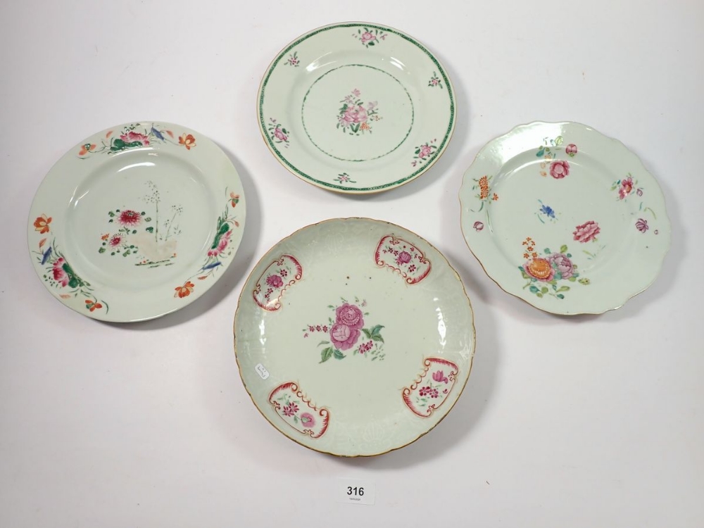 Three Chinese 18th century famille rose floral plates and a similar bowl, 23cm diameter - Image 2 of 3