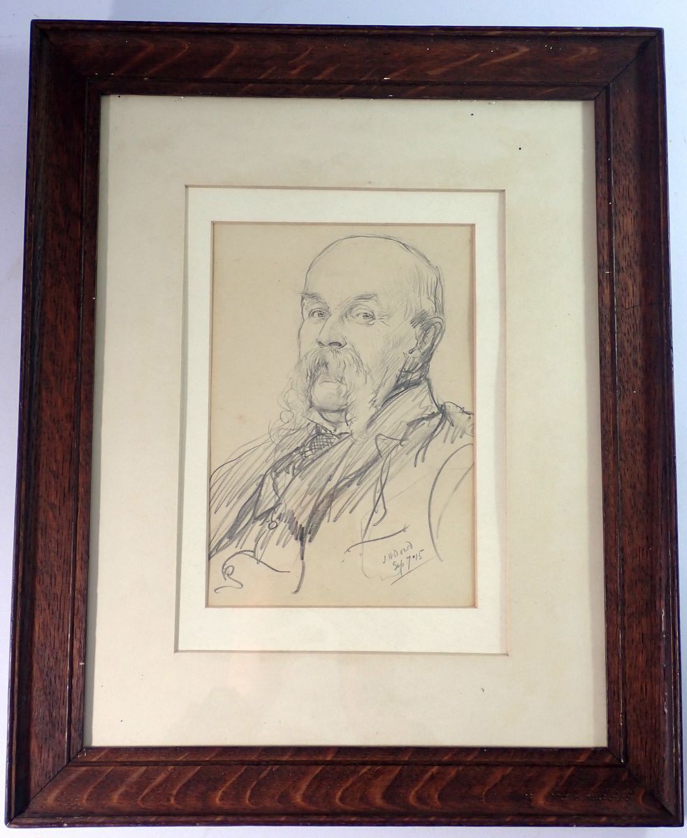 J H Dowd - pencil of a gentleman with large moustache dated Sept 7.15, 20 x 14cm