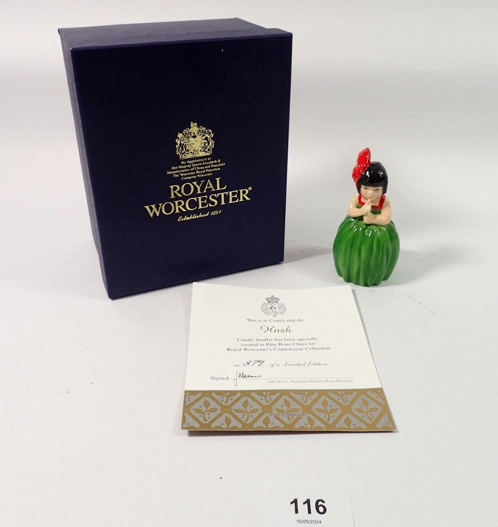 A Royal Worcester limited edition candlesnuffer Hush - girl in a red dress, boxed with certificate