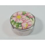 A Thistle & Bee silver trinket box with wild rose enamel lid, 4.5cm diameter