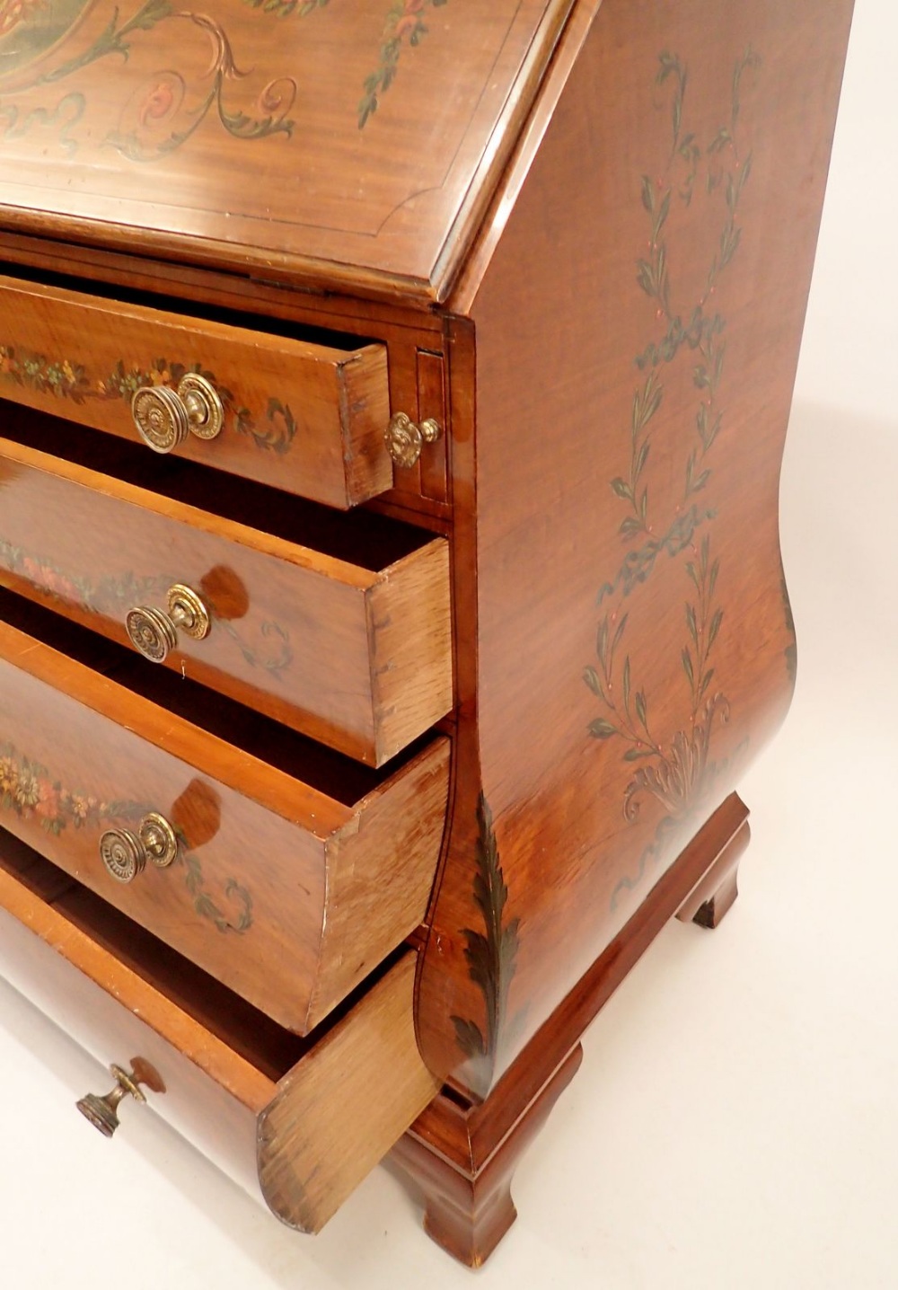 A fine Edwardian Sheraton revival bureau of bombe form with all over floral painted decoration and - Image 7 of 8