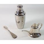 A silver plated cocktail shaker and oil can plus a silver handled shoe horn