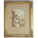 After Birket Foster - a watercolours of young girl, signed with BF monogram, 14 x 11cm