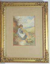 After Birket Foster - a watercolours of young girl, signed with BF monogram, 14 x 11cm