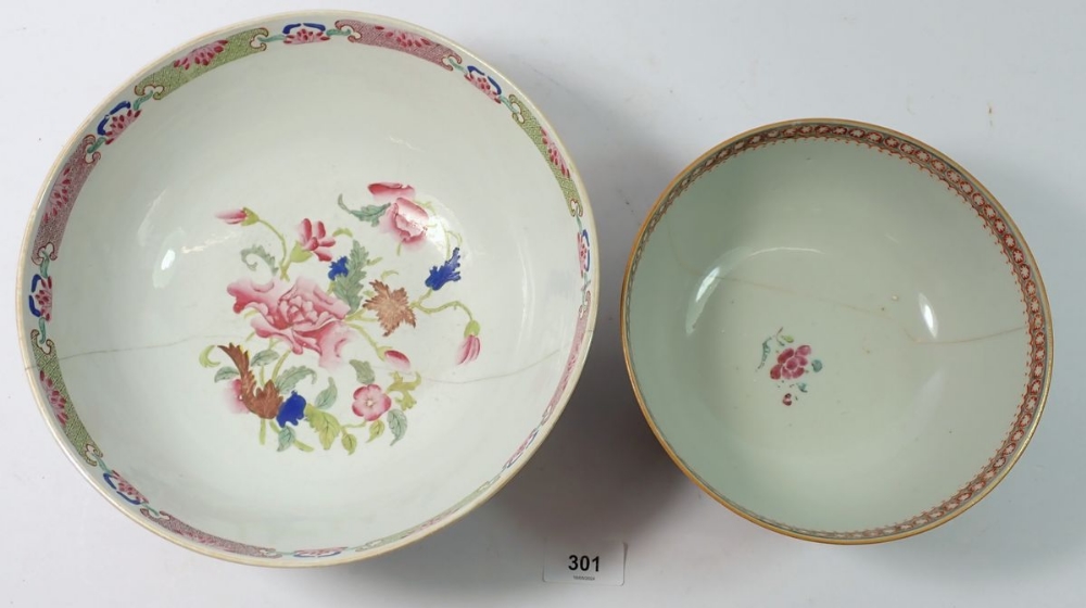 A Chinese 18th century famille rose fruit bowl painted peonies and a Canton one with figurative - Image 3 of 4