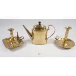 Two brass chamber sticks and a brass teapot