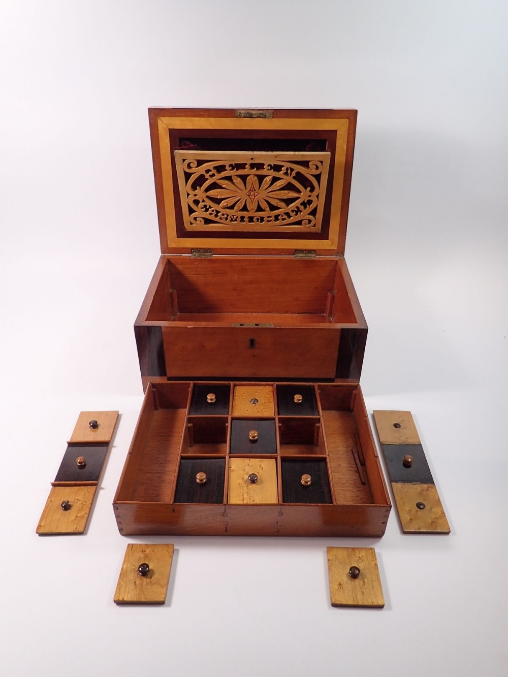 A 19th century satinwood and rosewood jewellery box, the inner lid with carved floral panel and name - Image 4 of 6