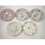 A group of four 18th century Chinese famille rose plates, 23cm diameter and a saucer - all a/f