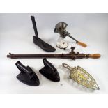 A cast iron shoe last, garden spray, two irons (including Salter Staffordshire knot) and a mincer