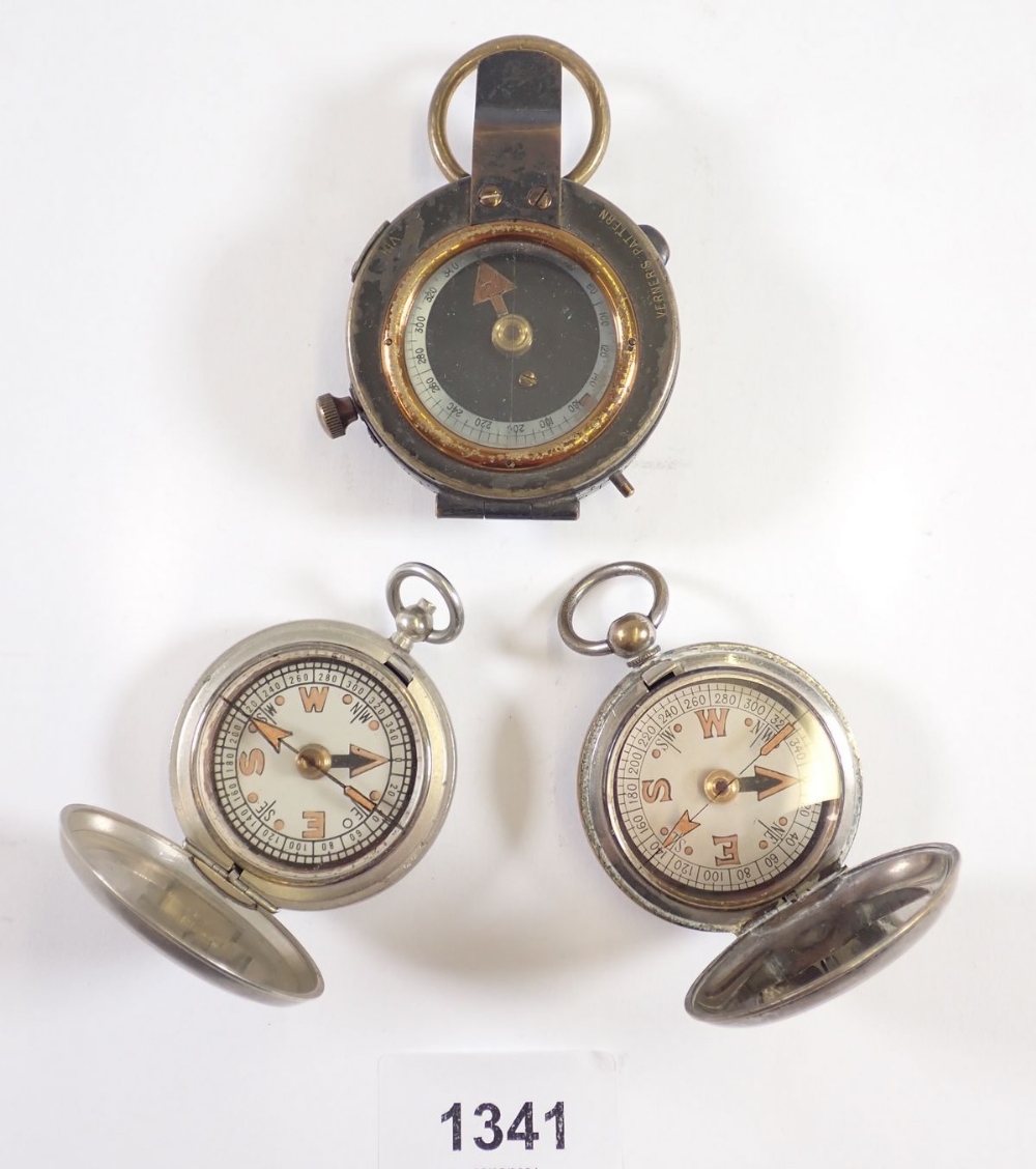 A WWI Terassse W Co compass, a West & Partners compass and a Baker & Sons WWII compass