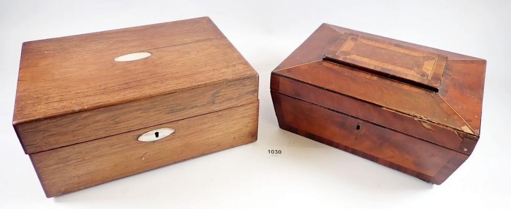 A 19th century work box with mother of pearl inlay to lid and another work box - both lacking