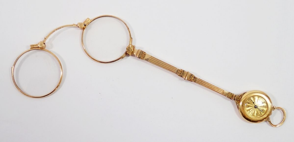 A Mappin & Webb 15 carat gold lorgnette with watch to terminal, 17cm, 39g