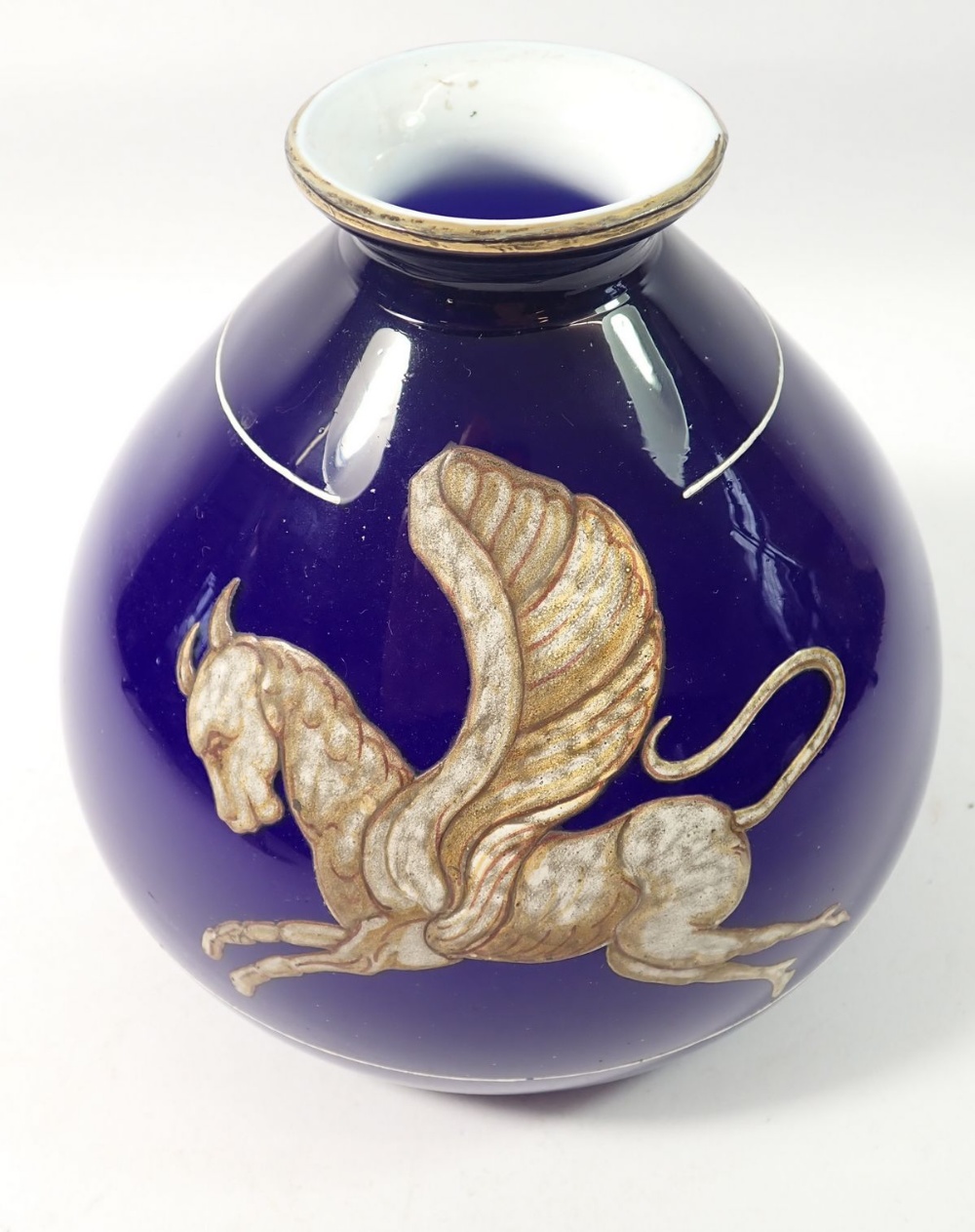 A 19th century Salviati blue cased glass bulbous vase painted Pegasus, 16.5cm tall - Image 2 of 2