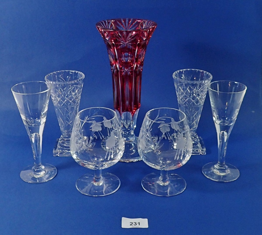 Two Dartington glasses, two Stuart cut glass brandy glasses and three various vases