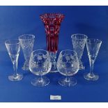 Two Dartington glasses, two Stuart cut glass brandy glasses and three various vases