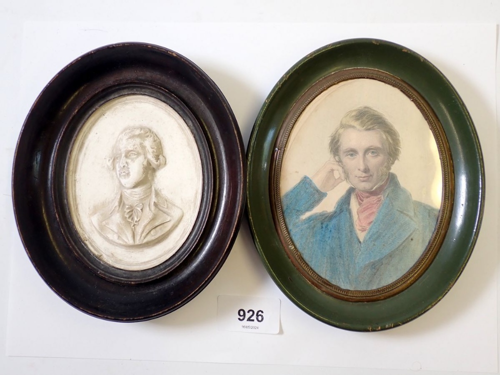 An oval plaster miniature relief of William Pitt inscribed to verso and a hand tinted engraving of